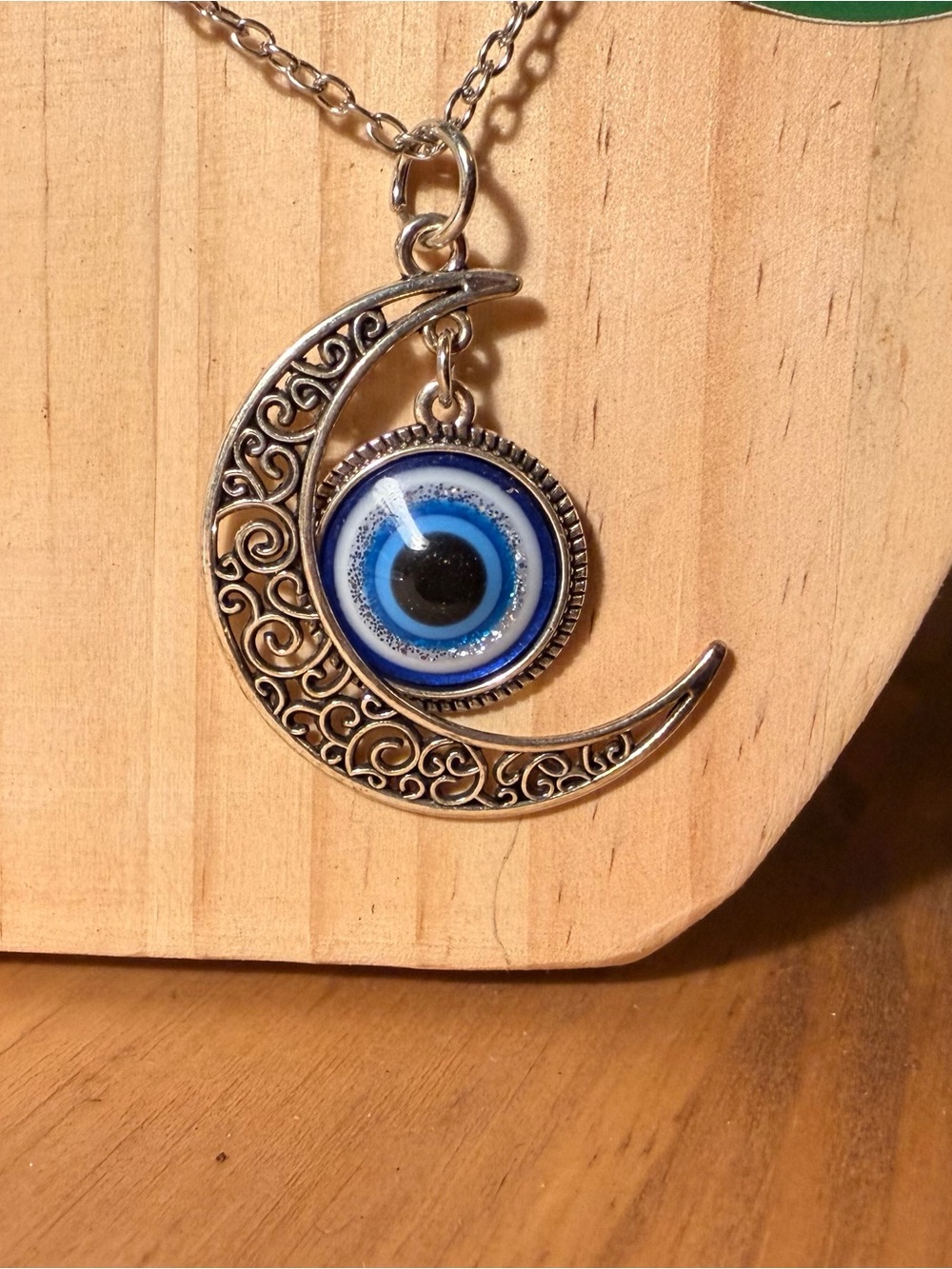 Silver Crescent Moon Evil Eye Pendant Necklace - Blue